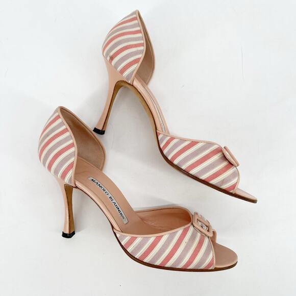 Manolo Blahnik Vintage Striped Pink Open Toe Buckle Detail D'Orsay Pump IT 37.5 - Picture 3 of 13